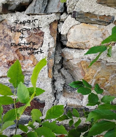 Holes, cracks, and deterioration along the stonewall